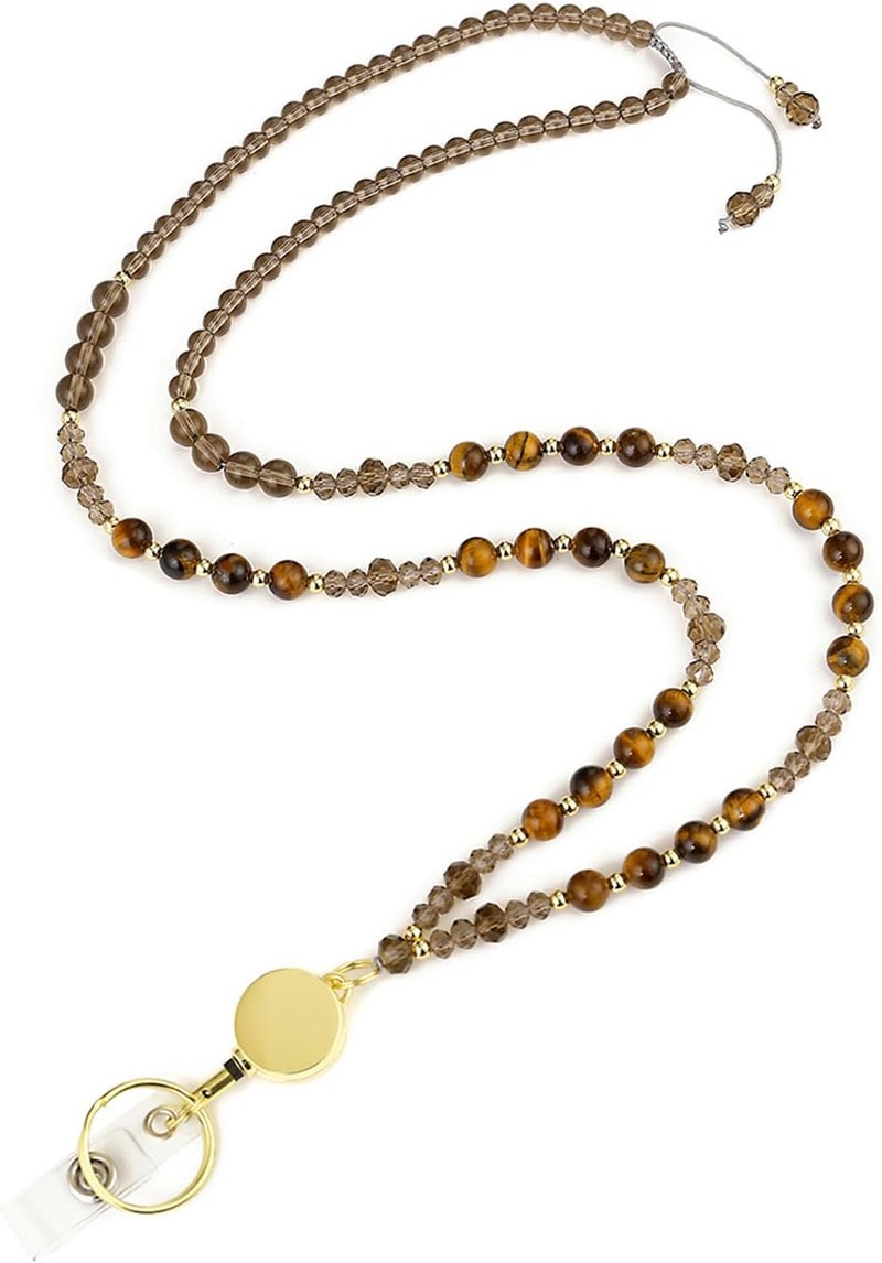 AIDSOTOU Lanyards for ID Badges and Keys,Natural Stone Beaded Teacher Lanyard for Women,Retractable Lanyard with ID Holder Cute Lanyards for Teachers (Brown) - Image 1